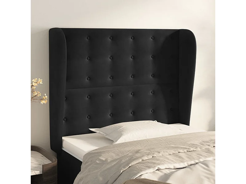 Cabecero | Cabezal de Cama | Mueble cabecero con orejas de terciopelo negro 93x23x118/128 cm