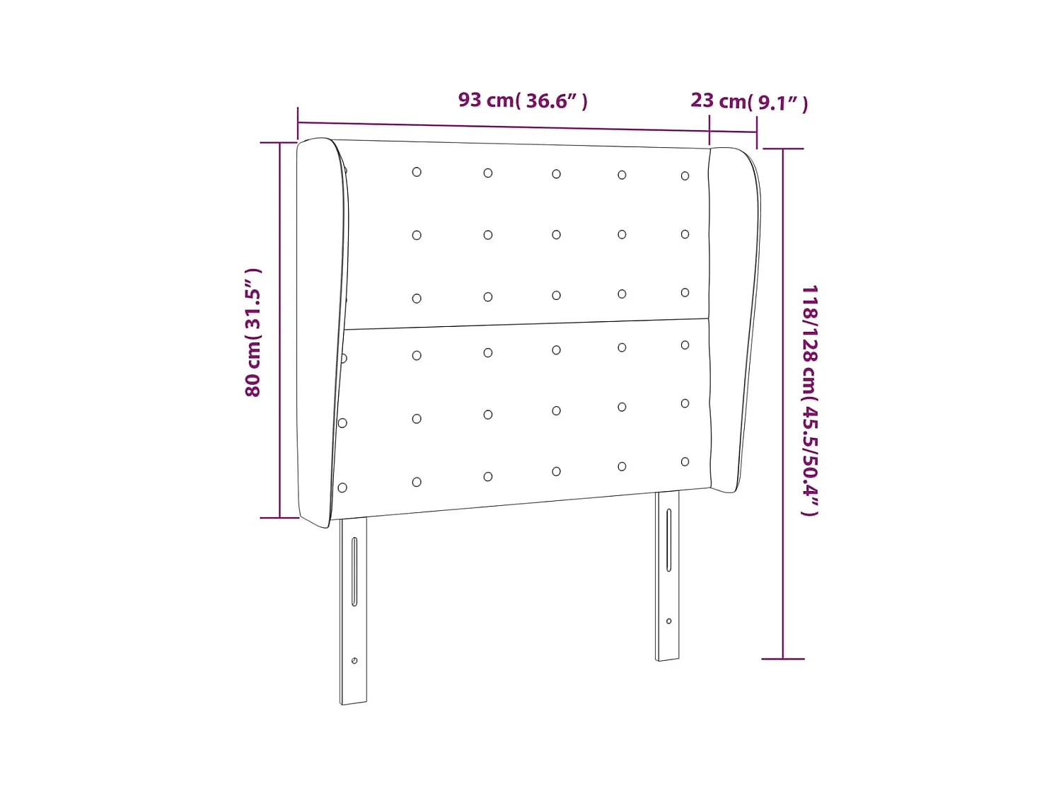 Cabecero | Cabezal de Cama | Mueble cabecero con orejas de terciopelo negro 93x23x118/128 cm