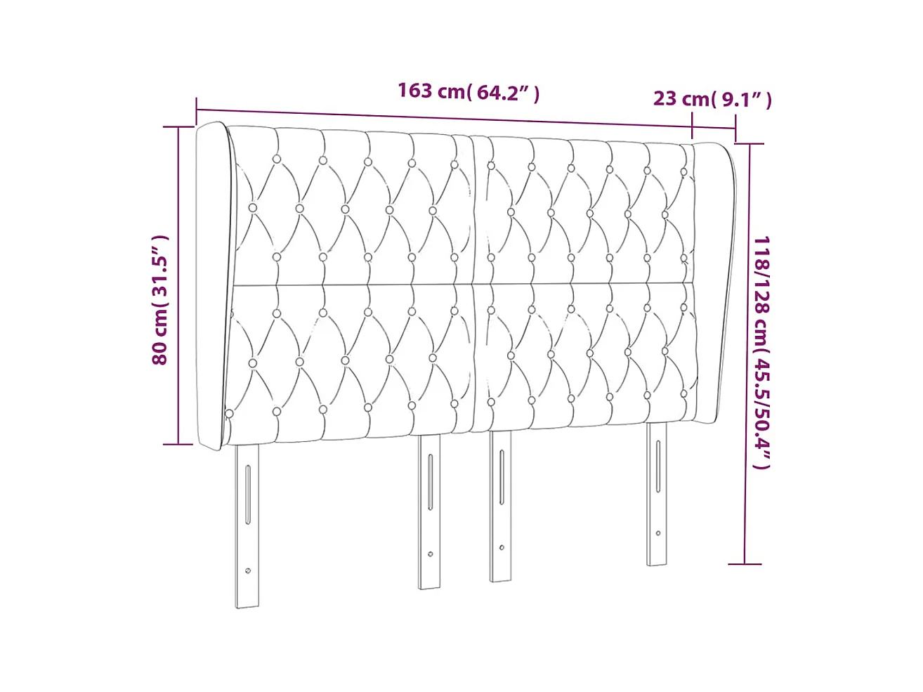 Cabecero | Cabezal de Cama | Mueble cabecero con orejas de terciopelo gris claro 163x23x118/128 cm