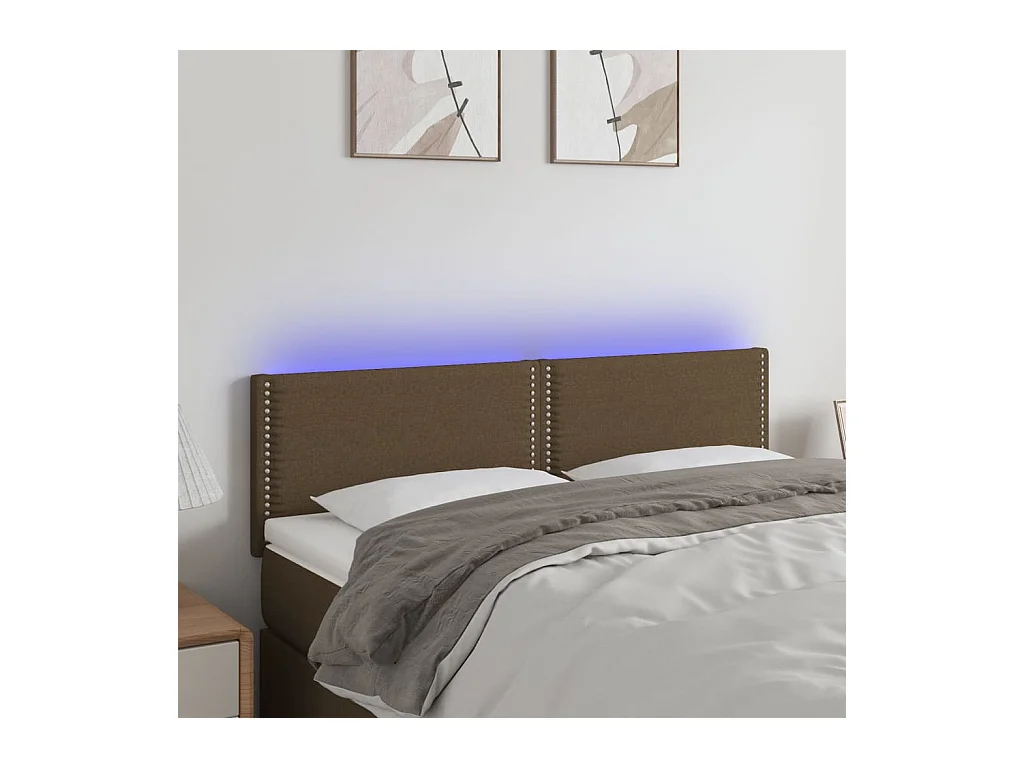 Mueble cabecero | Cabezal de cama | Cabecero con LED de tela marrón oscuro 144x5x78/88 cm
