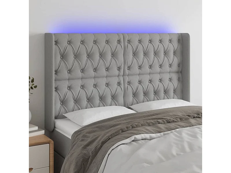 Tête de Lit | Panneau de tête pour lit Moderne à LED Gris clair 163x16x118/128 cm Tissu