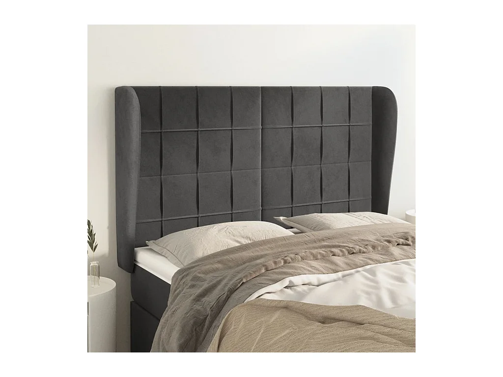 Cabecero | Cabezal de Cama | Mueble cabecero con orejas de terciopelo gris oscuro 147x23x118/128 cm