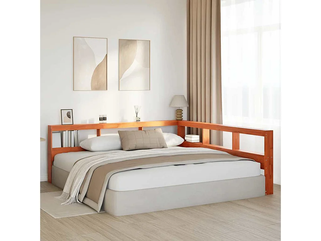 Cabecero cama | Cabezal de cama | Mueble de cabecero estantería forma L marrón encerado 200 cm