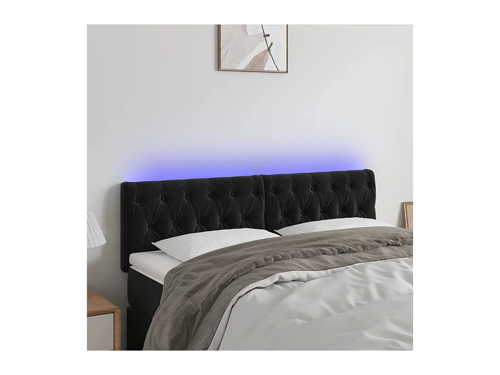 Cabecero | Cabezal de Cama | Mueble cabecero con LED de terciopelo negro 144x7x78/88 cm