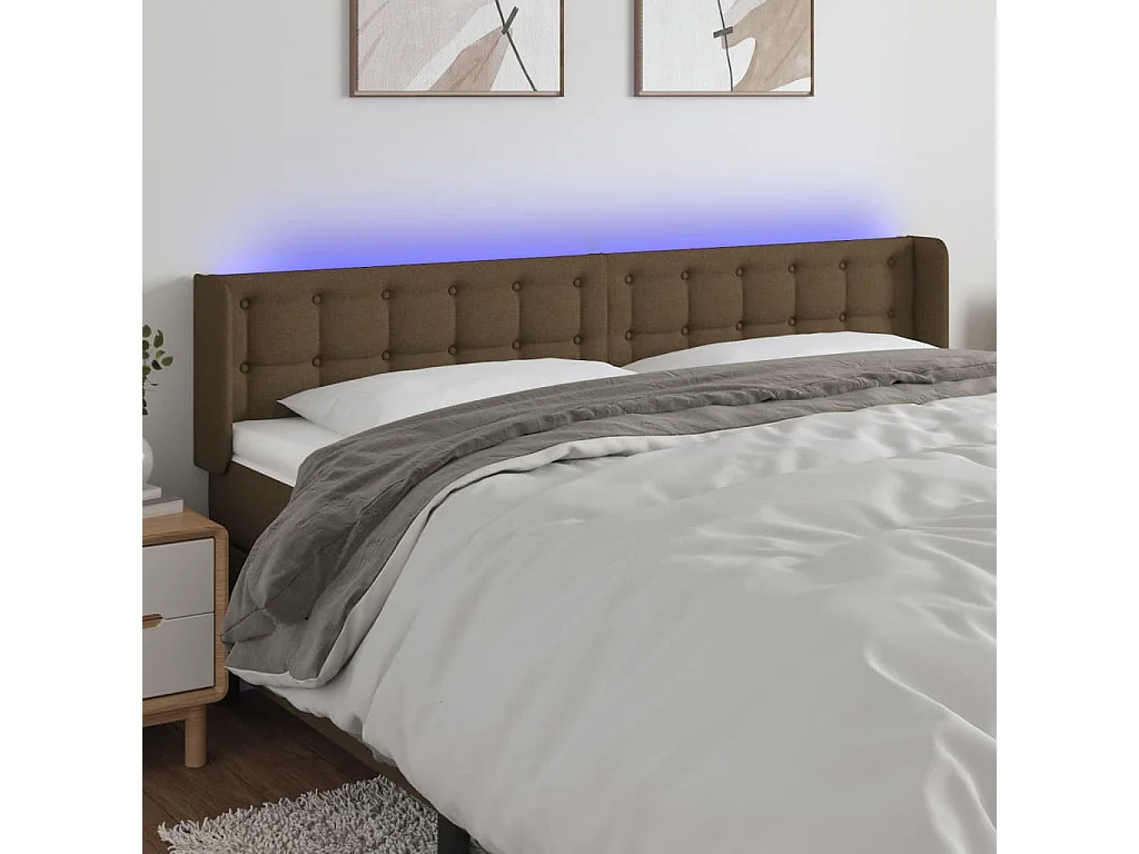 Mueble cabecero | Cabezal de cama | Cabecero con LED de tela marrón oscuro 203x16x78/88 cm
