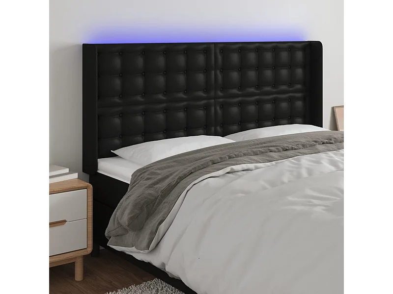 Cabecero | Cabezal de Cama | Mueble cabecero con LED cuero sintético negro 183x16x118/128 cm