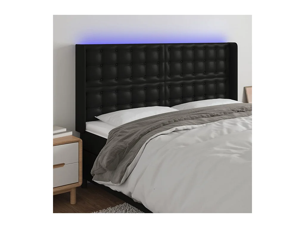 Cabecero | Cabezal de Cama | Mueble cabecero con LED cuero sintético negro 183x16x118/128 cm