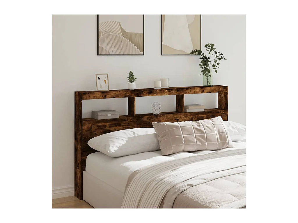 Cabecero de Cama | Cabezal de cama | Mueble de cabecero con luz LED roble ahumado 180x17x102 cm