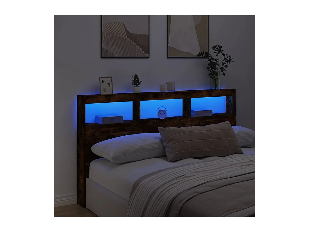 Cabecero de Cama | Cabezal de cama | Mueble de cabecero con luz LED roble ahumado 180x17x102 cm