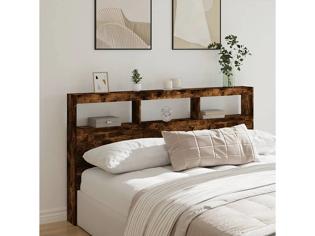 Tête de Lit avec rangement | Armoire de tête de lit avec LED chêne fumé 180x17x102 cm