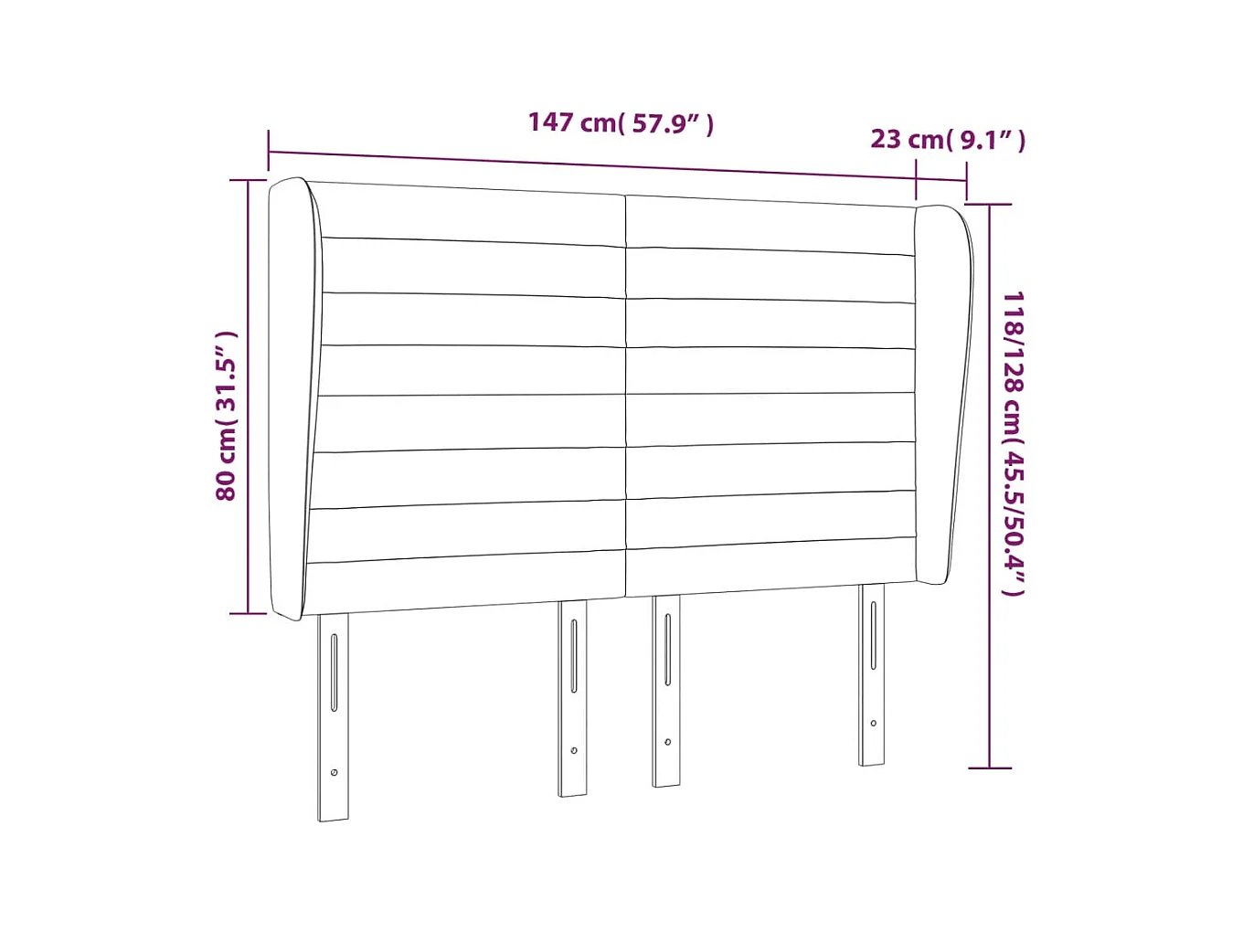 Cabecero | Cabezal de Cama | Mueble cabecero con orejas de terciopelo negro 147x23x118/128 cm