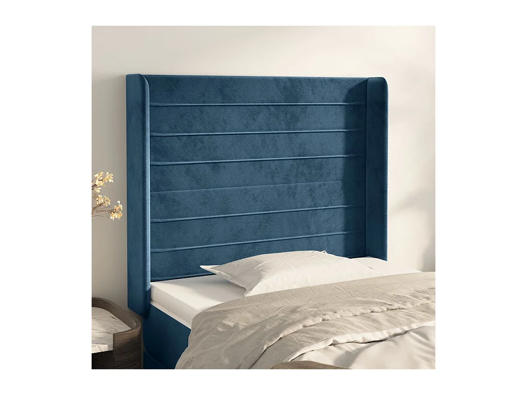 Cabecero | Cabezal de Cama | Mueble cabecero con orejas de terciopelo azul oscuro 103x16x118/128 cm