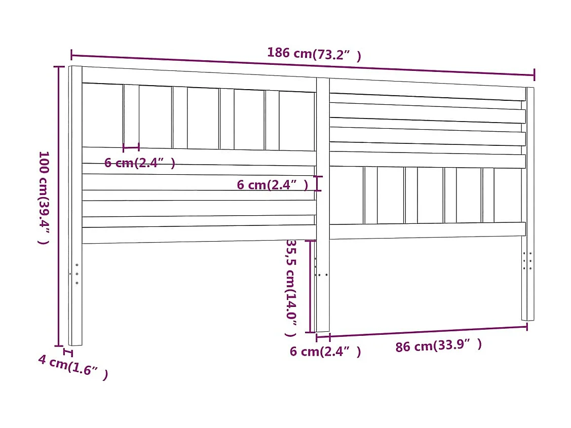 Cabecero de Cama | Cabezal de cama | Mueble de cabecero madera maciza de pino negro 186x4x100 cm