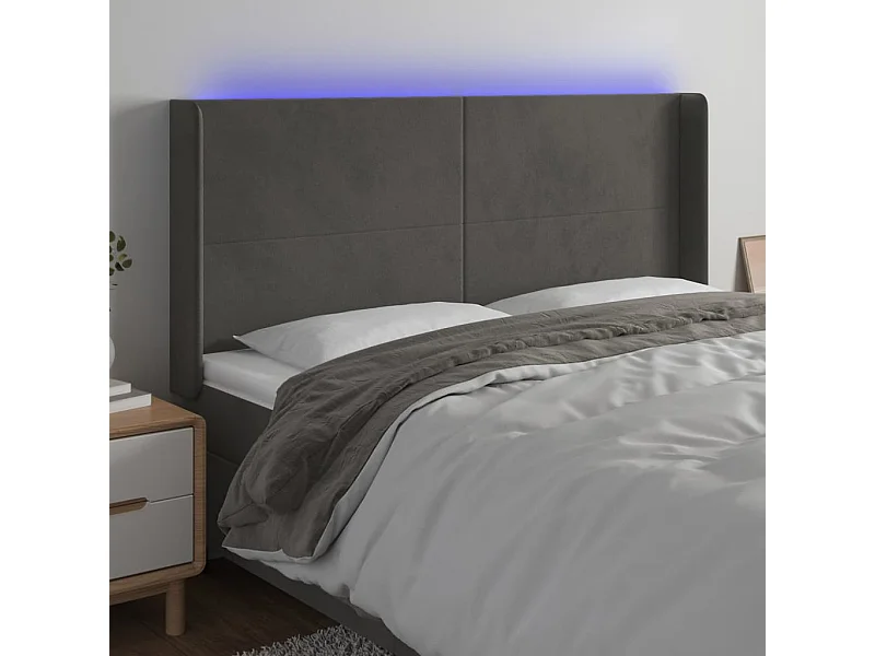 Cabecero | Cabezal de Cama | Mueble cabecero con LED de terciopelo gris oscuro 163x16x118/128 cm