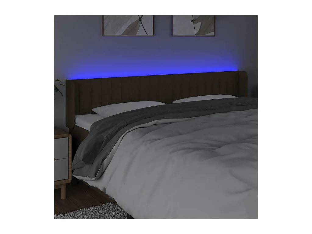 Mueble cabecero | Cabezal de cama | Cabecero con LED de tela marrón oscuro 163x16x78/88 cm