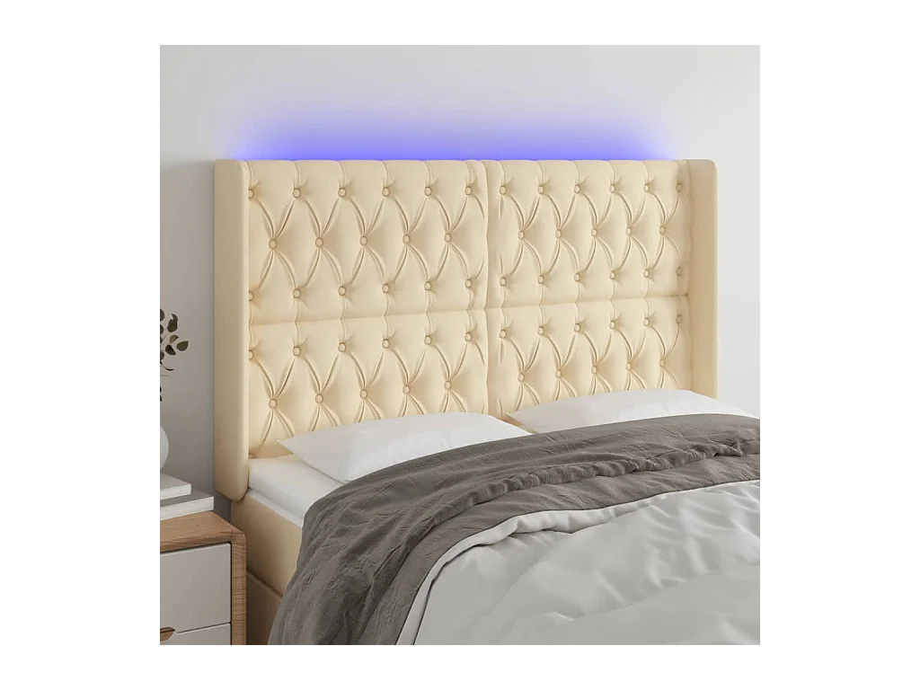 Mueble cabecero | Cabezal de cama | Cabecero con LED de tela color crema 147x16x118/128 cm