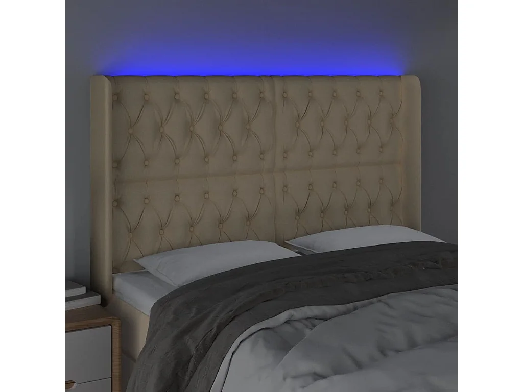 Mueble cabecero | Cabezal de cama | Cabecero con LED de tela color crema 147x16x118/128 cm