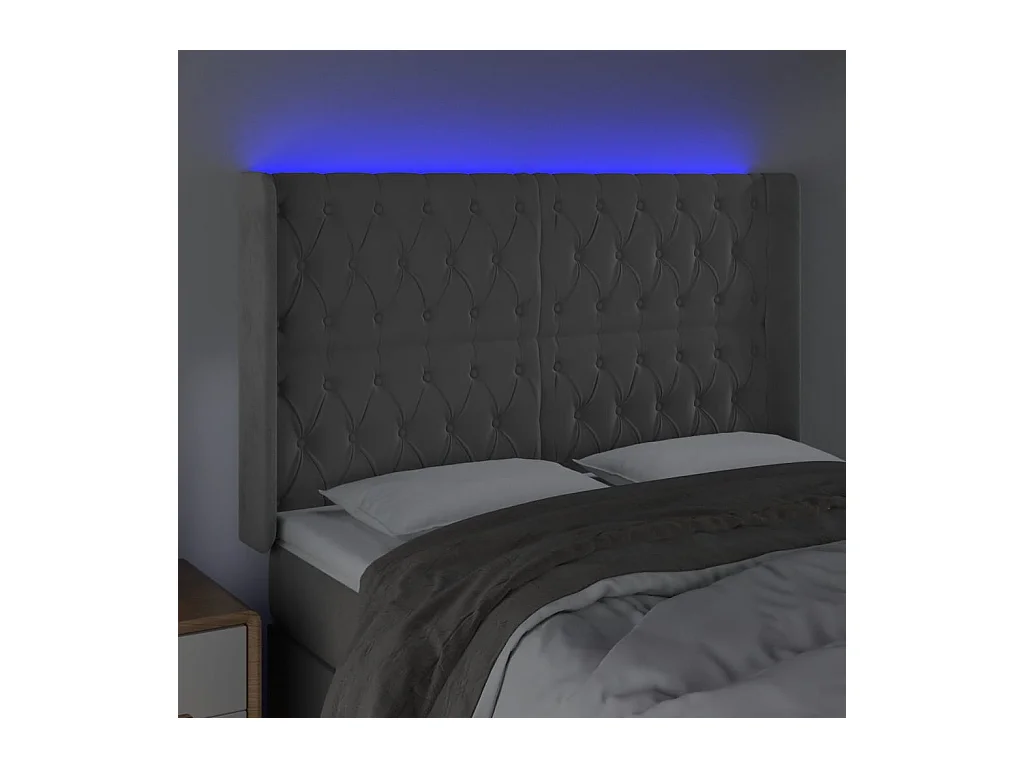 Tête de Lit | Panneau de tête pour lit Moderne à LED Gris clair 147x16x118/128 cm Velours