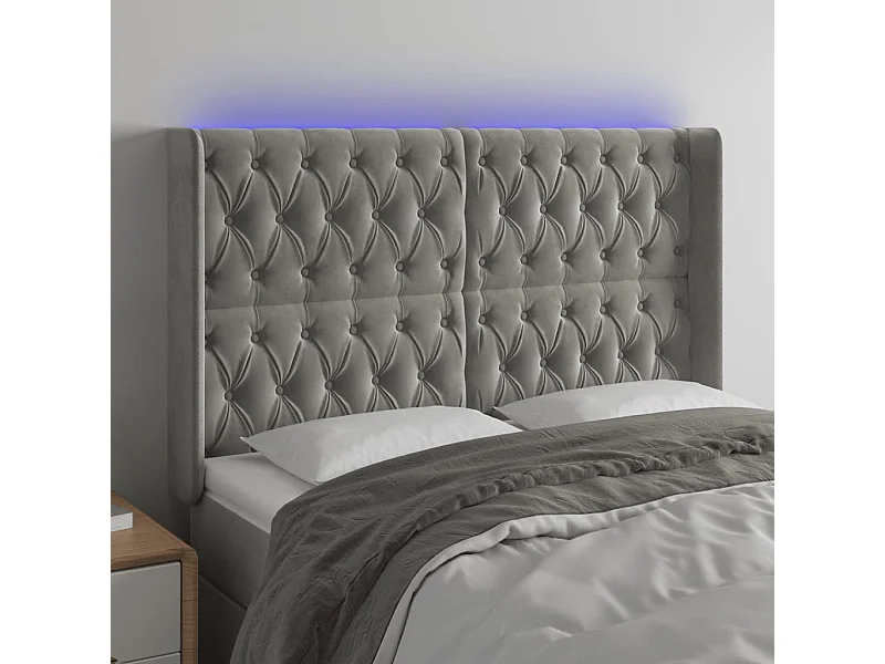 Tête de Lit | Panneau de tête pour lit Moderne à LED Gris clair 147x16x118/128 cm Velours