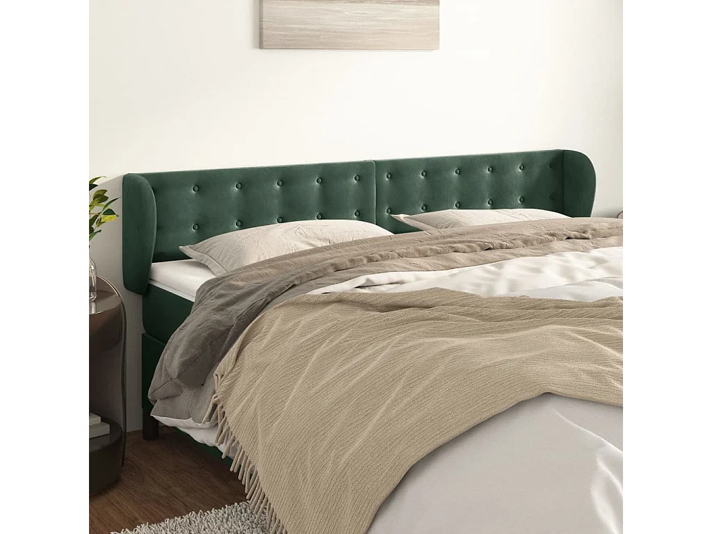 Tête de Lit | Panneau de tête pour lit Moderne avec oreilles Vert foncé 203x23x78/88 cm Velours