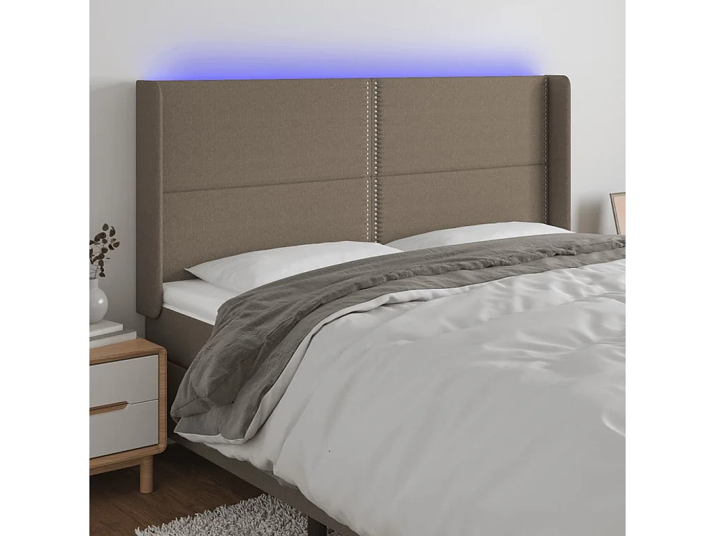 Mueble cabecero | Cabezal de cama | Cabecero con LED de tela gris taupe 203x16x118/128 cm