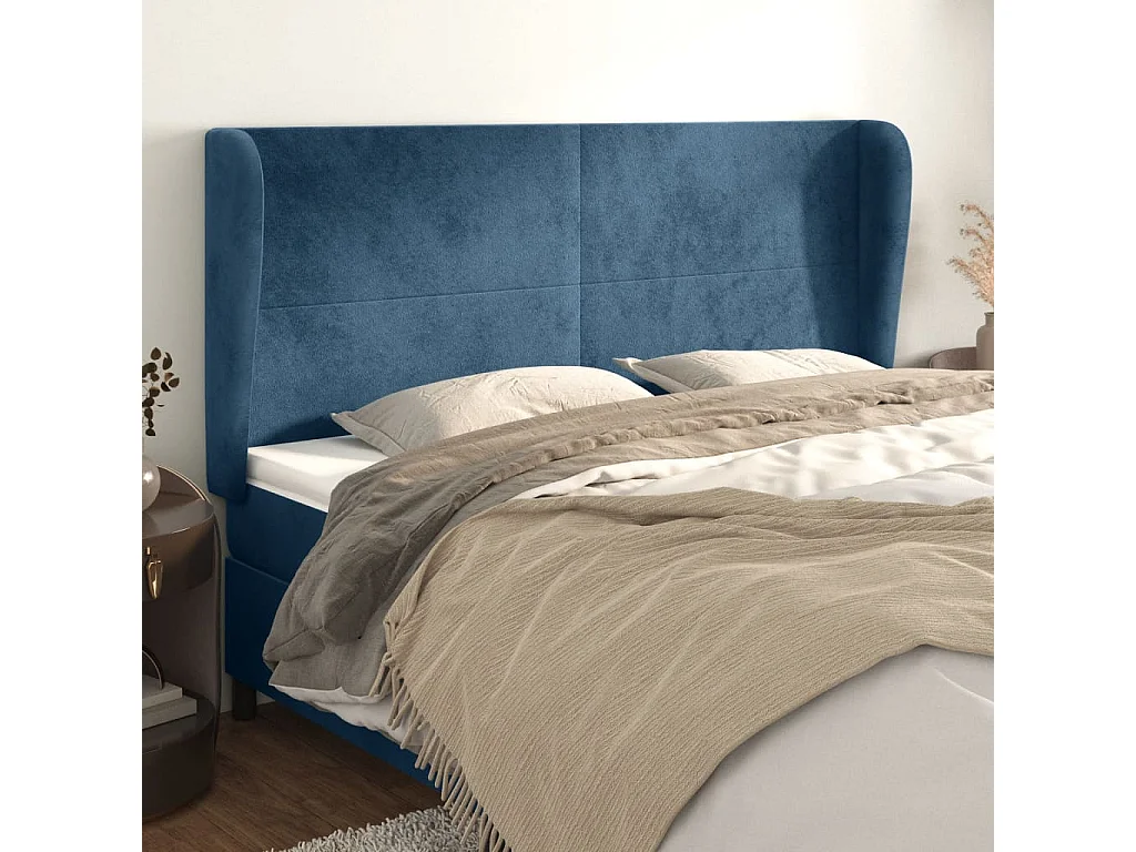 Tête de Lit | Panneau de tête pour lit Moderne avec oreilles Bleu foncé 203x23x118/128 cm Velours