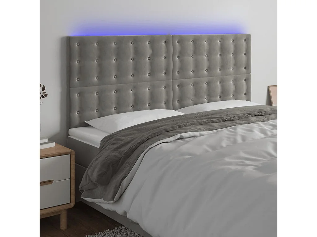 Tête de Lit | Panneau de tête pour lit Moderne à LED Gris clair 180x5x118/128 cm Velours