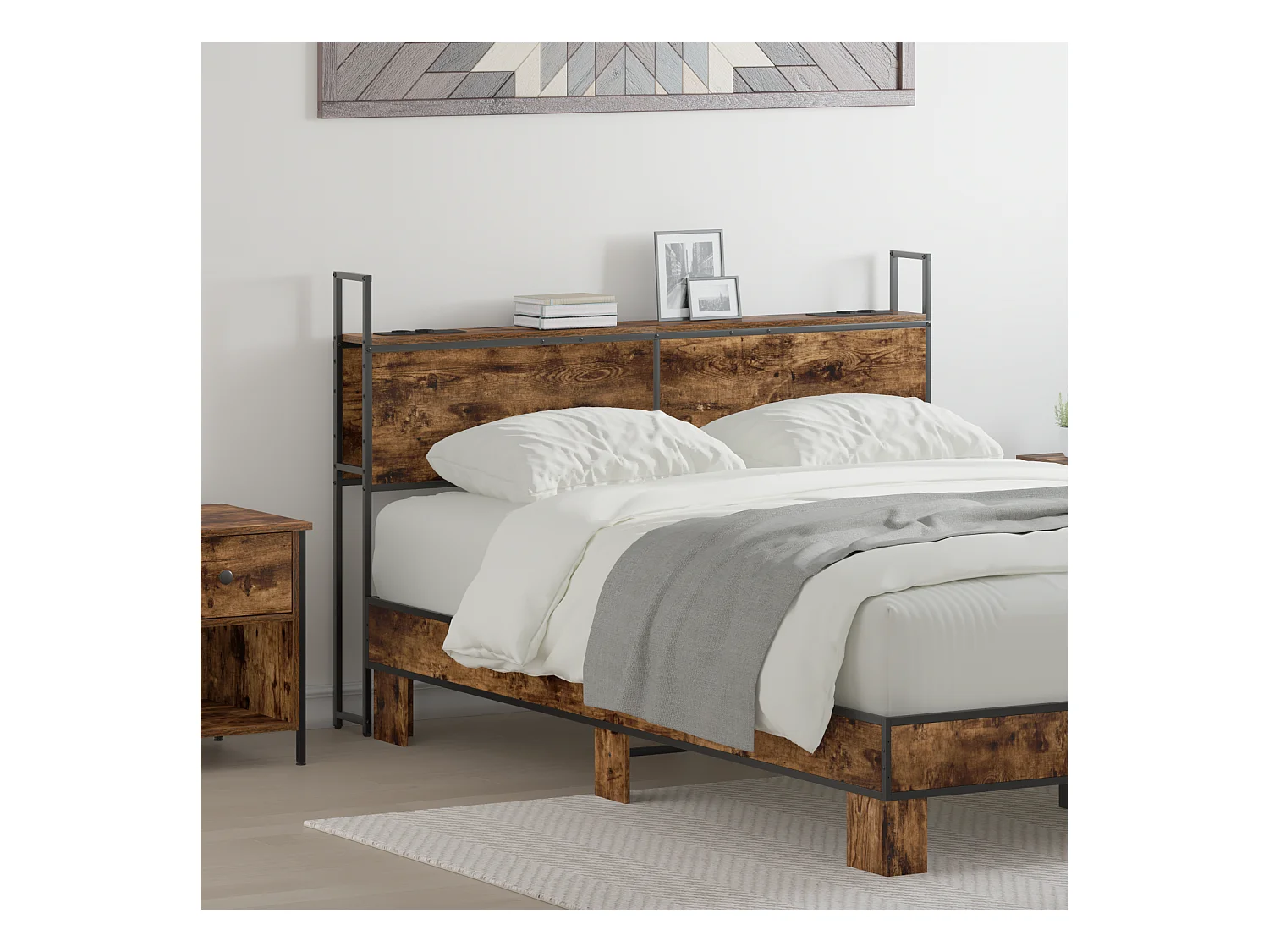 Mueble cabecero | Cabezal de cama | Cabecero de Almacenamiento con Estación de Carga Roble ahumado