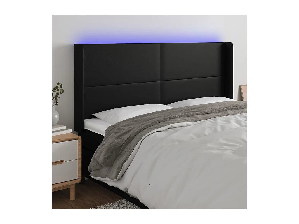 Cabecero | Cabezal de Cama | Mueble cabecero con LED cuero sintético negro 183x16x118/128 cm