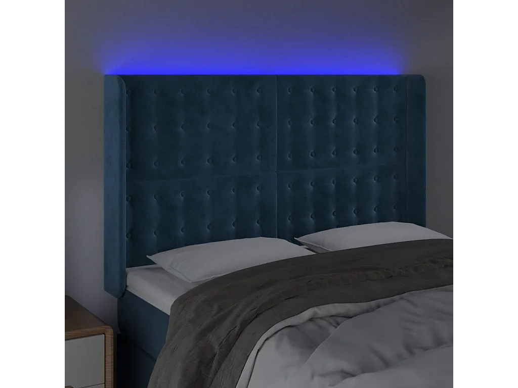 Tête de Lit | Panneau de tête pour lit Moderne à LED Bleu foncé 147x16x118/128 cm Velours