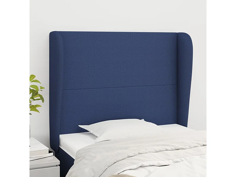 Cabecero | Cabezal de Cama | Mueble cabecero con orejas de tela azul 83x23x118/128 cm