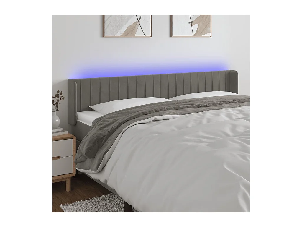 Tête de Lit | Panneau de tête pour lit Moderne à LED Gris clair 203x16x78/88 cm Velours