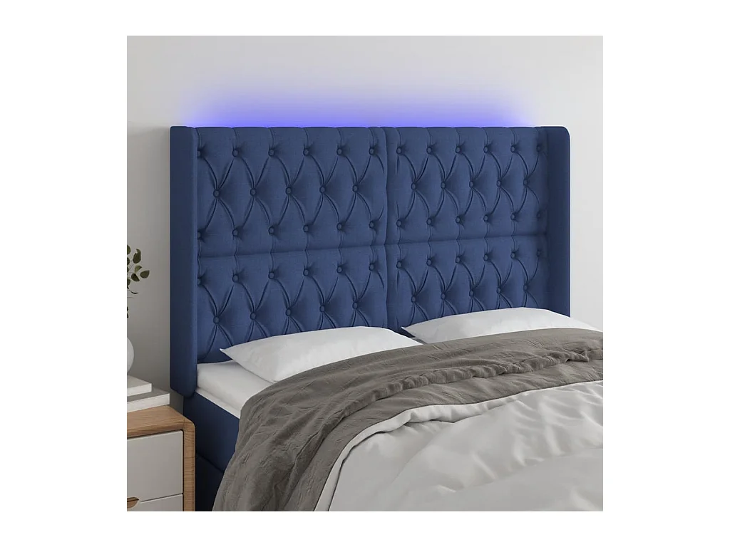 Mueble cabecero | Cabezal de cama | Cabecero con LED de tela azul 147x16x118/128 cm