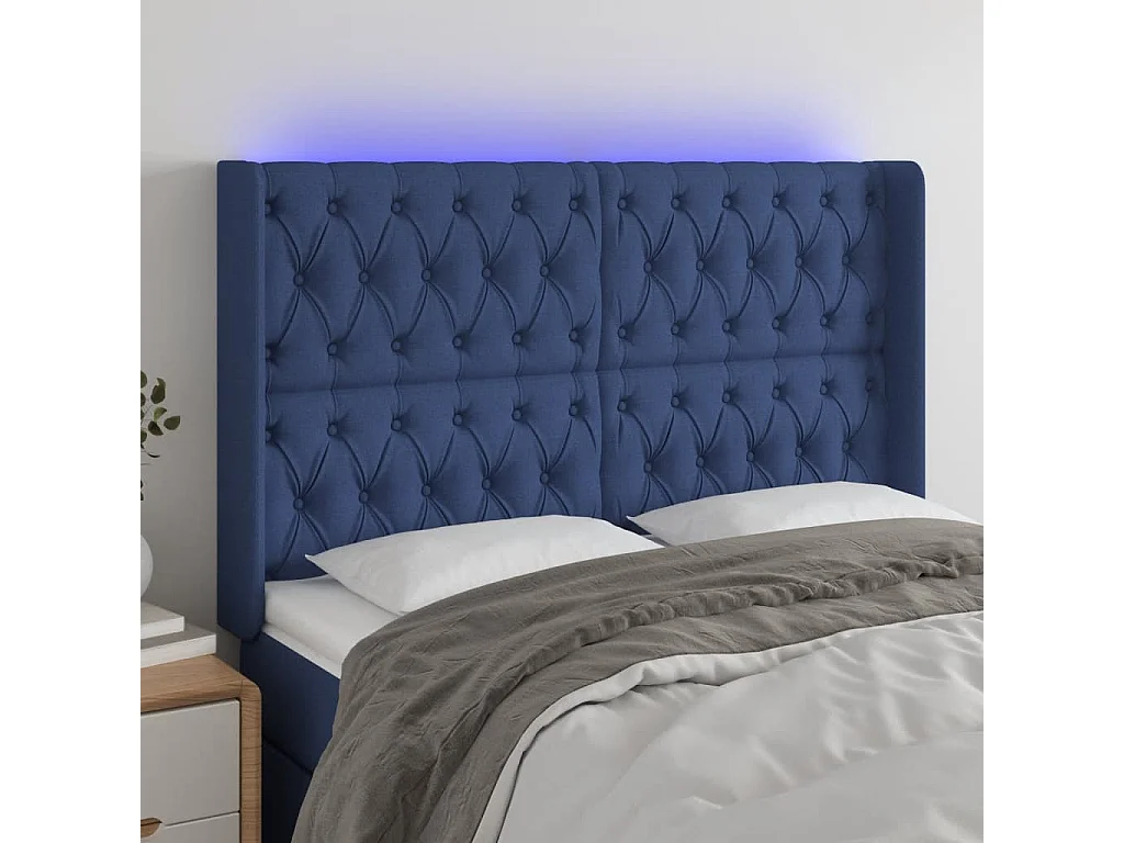Tête de Lit | Panneau de tête pour lit Moderne à LED Bleu 147x16x118/128 cm Tissu