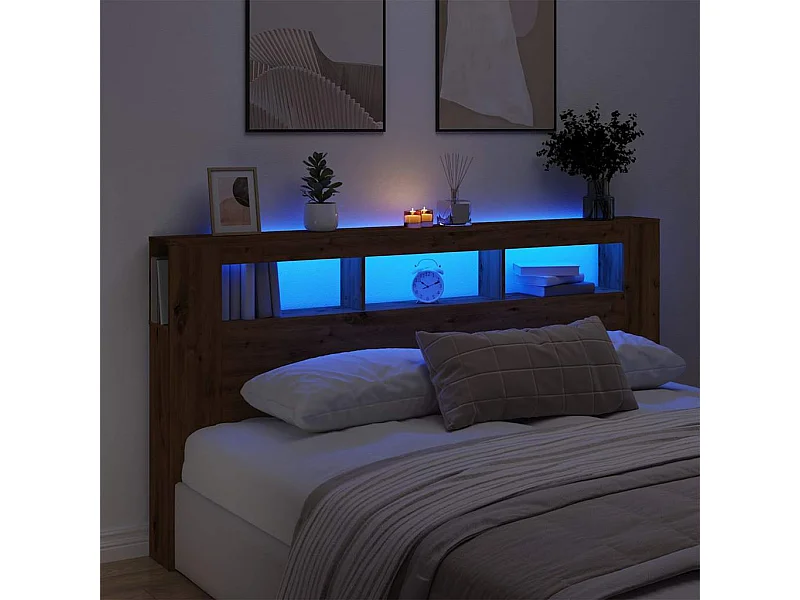 Mueble cabecero | Cabecero | Cabezal de cama LED madera ingeniería roble artisan 200x18,5x103,5 cm
