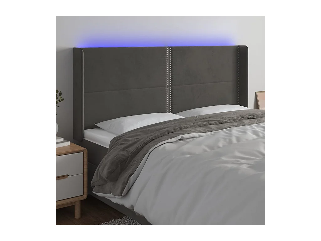 Cabecero | Cabezal de Cama | Mueble cabecero con LED de terciopelo gris oscuro 203x16x118/128 cm