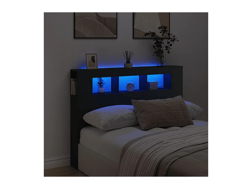Cabecero | Cabezal de Cama | Mueble cabecero con LED madera de ingeniería negro 140x18,5x103,5 cm