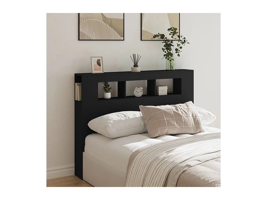 Cabecero | Cabezal de Cama | Mueble cabecero con LED madera de ingeniería negro 140x18,5x103,5 cm