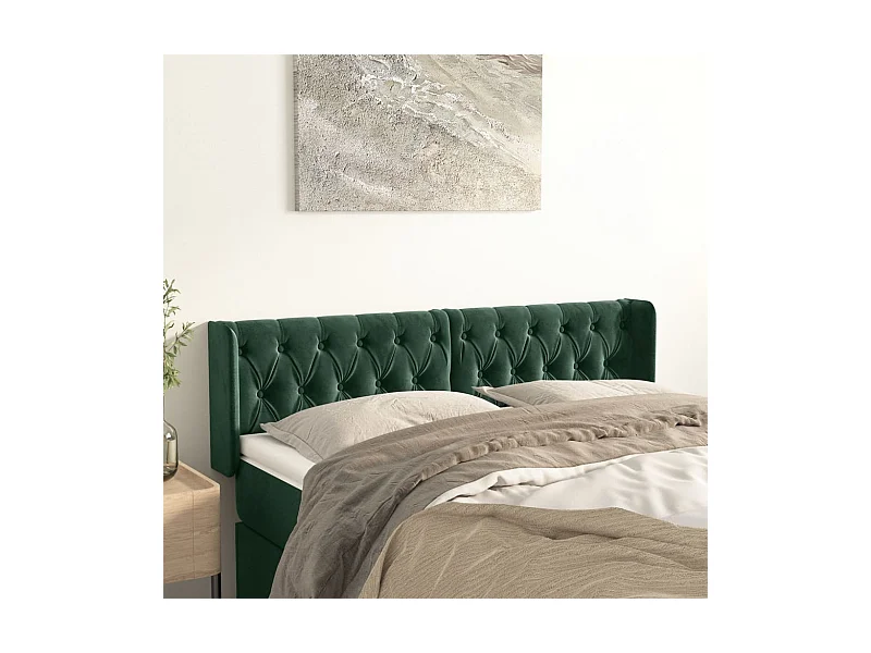 Tête de Lit | Panneau de tête pour lit Moderne avec oreilles Vert foncé 163x16x78/88 cm Velours