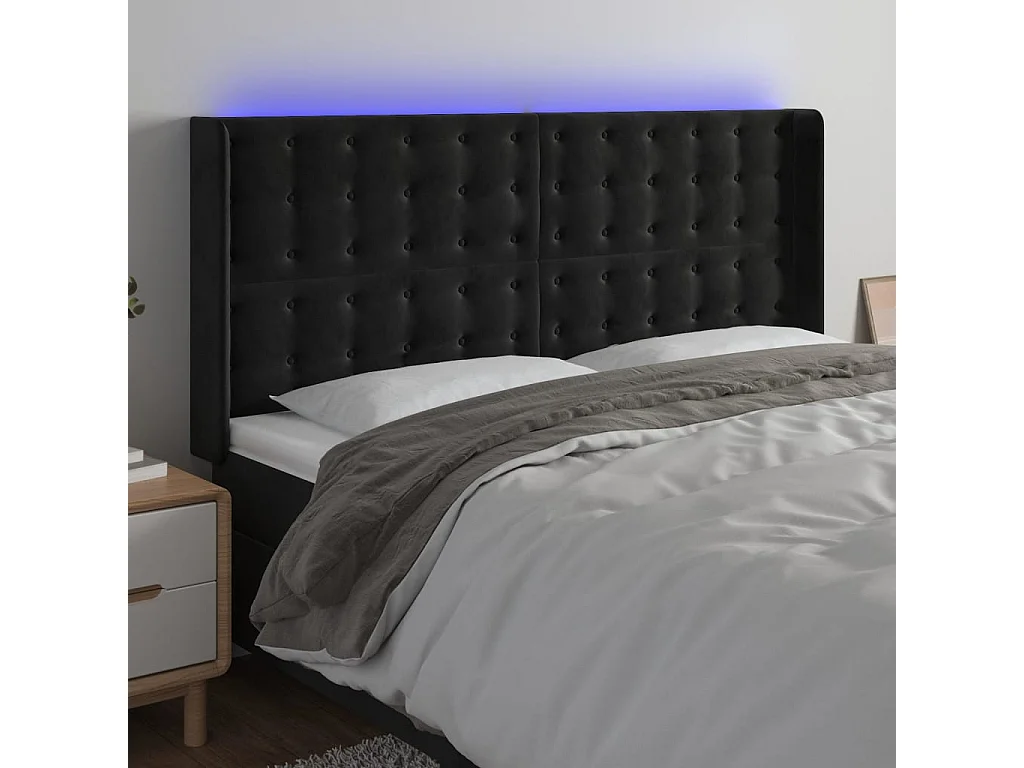 Cabecero | Cabezal de Cama | Mueble cabecero con LED de terciopelo negro 183x16x118/128 cm