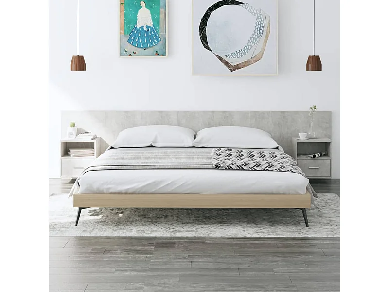 Cabecero de Cama | Cabezal de cama | Mueble de cabecero con mesitas madera contrachapada gris hormigón