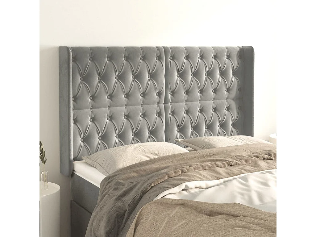 Tête de Lit | Panneau de tête pour lit Moderne avec oreilles Gris clair 147x16x118/128 cm Velours