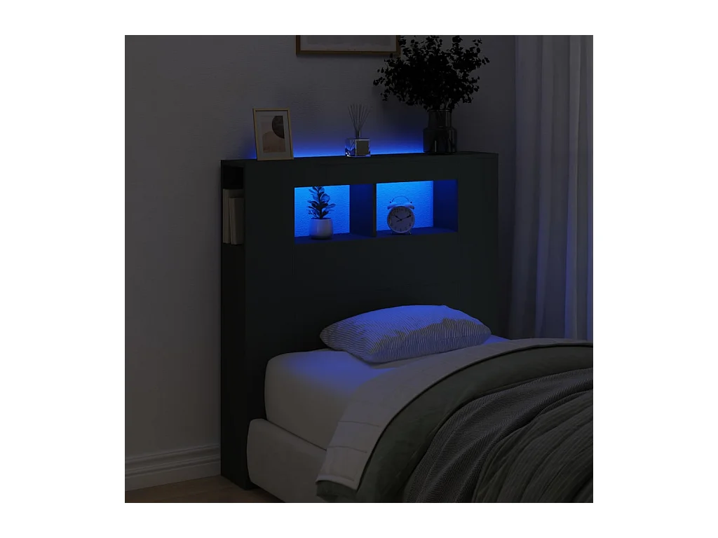 Cabecero | Cabezal de Cama | Mueble cabecero con LED madera de ingeniería negro 100x18,5x103,5 cm