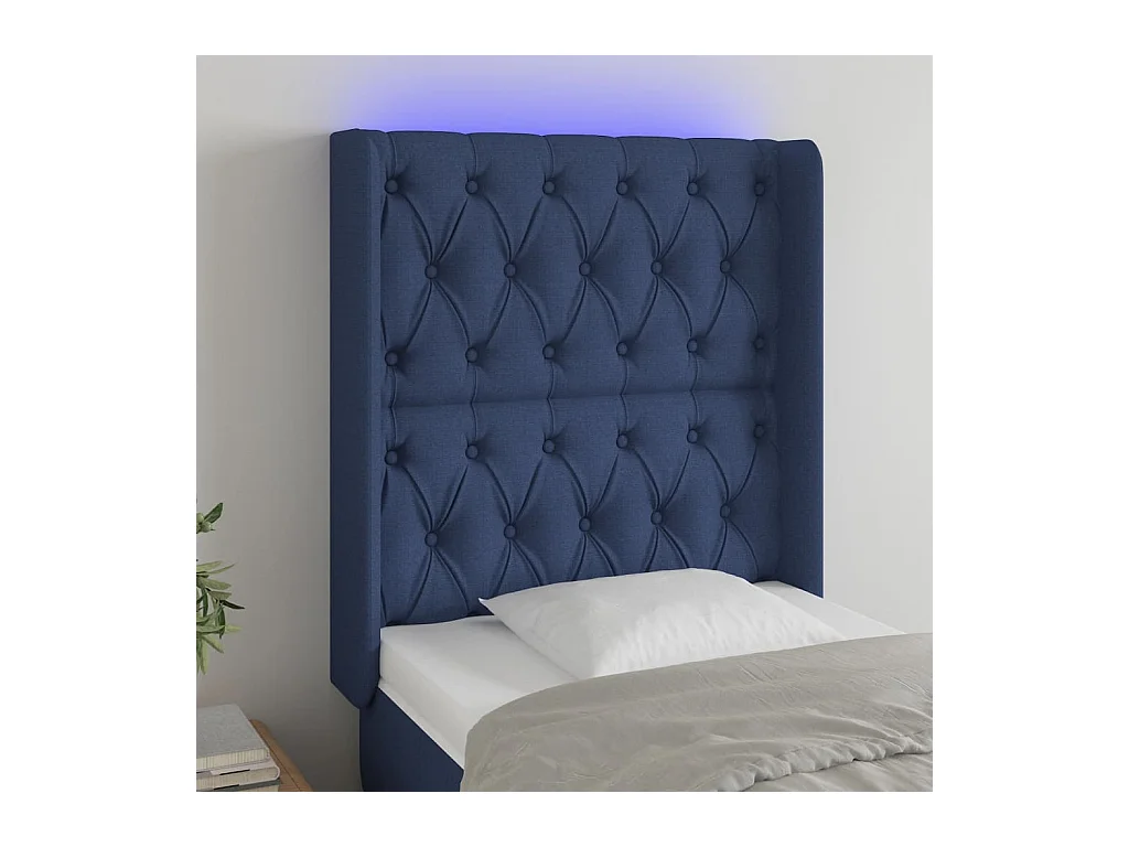 Mueble cabecero | Cabezal de cama | Cabecero con LED de tela azul 83x16x118/128 cm