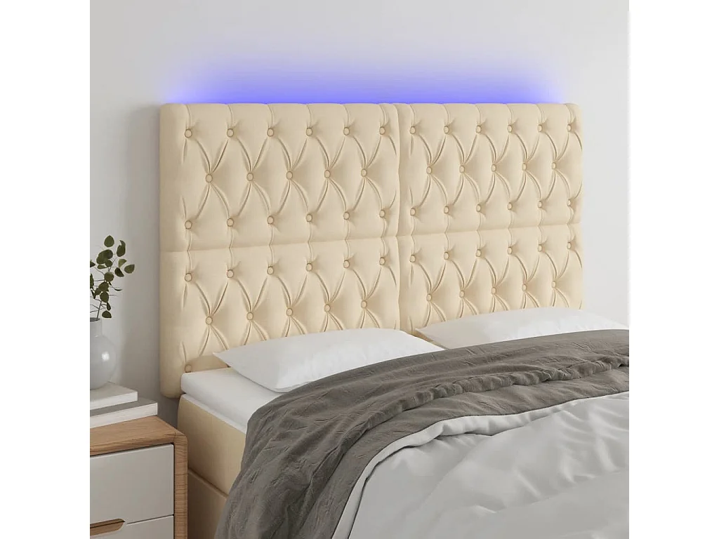 Cabecero | Cabezal de Cama | Mueble cabecero con luces LED tela crema 144x7x118/128 cm