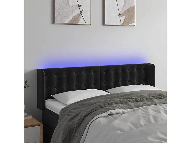 Cabecero | Cabezal de Cama | Mueble cabecero con LED de terciopelo negro 147x16x78/88 cm