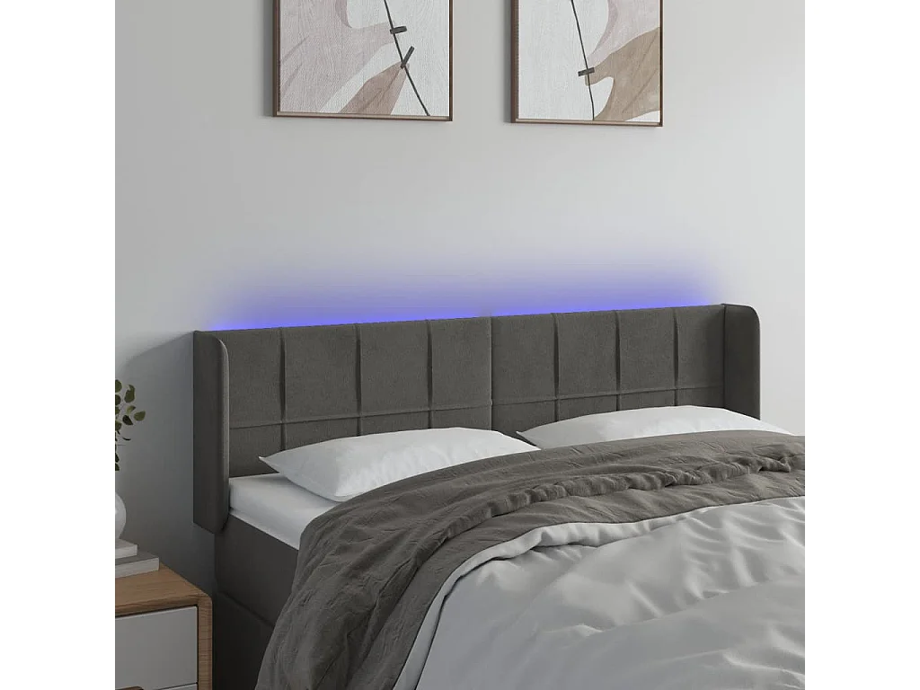 Tête de Lit | Panneau de tête pour lit Moderne à LED Gris foncé 147x16x78/88 cm Velours