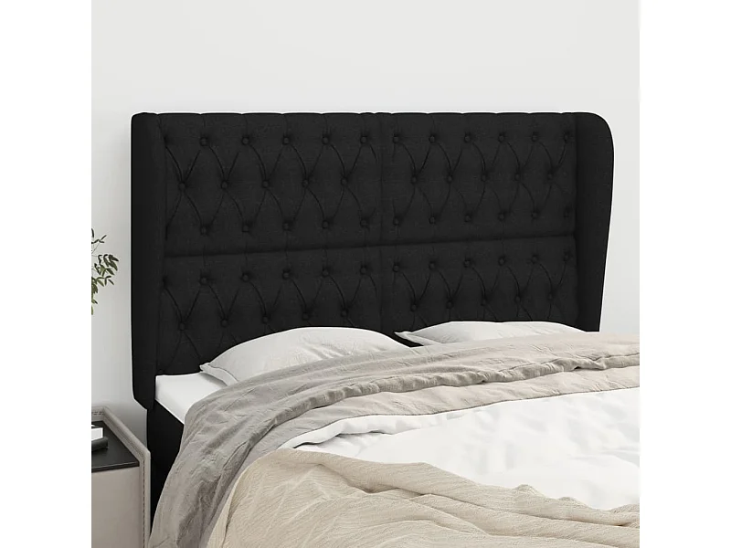 Cabecero | Cabezal de Cama | Mueble cabecero con orejas de tela negro 147x23x118/128 cm