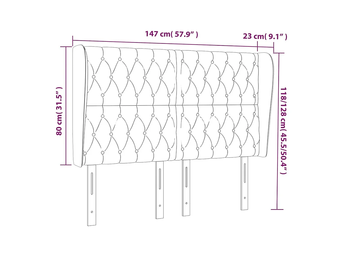 Cabecero | Cabezal de Cama | Mueble cabecero con orejas de terciopelo gris oscuro 147x23x118/128 cm