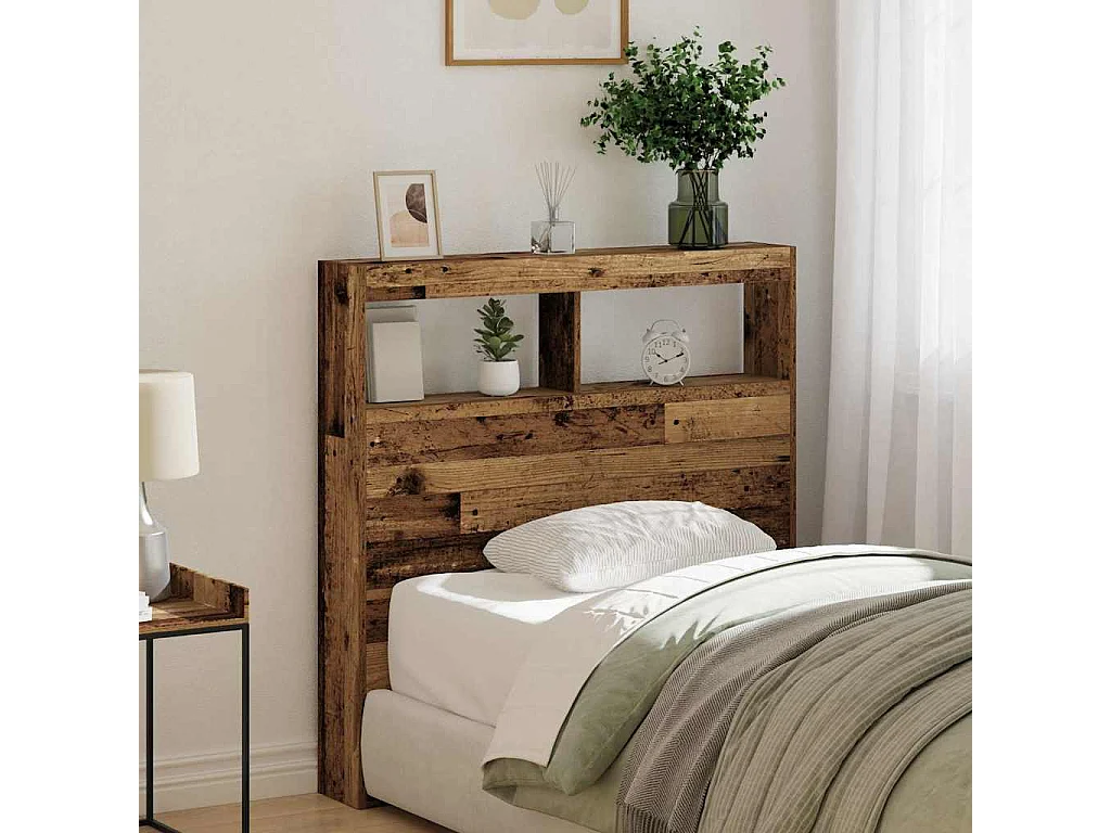 Tête de Lit avec rangement | Armoire de tête de lit avec LED vieux bois 100x17x102 cm